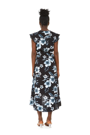 Women's Wrap Ruffle Dress in Midnight Bloom Black