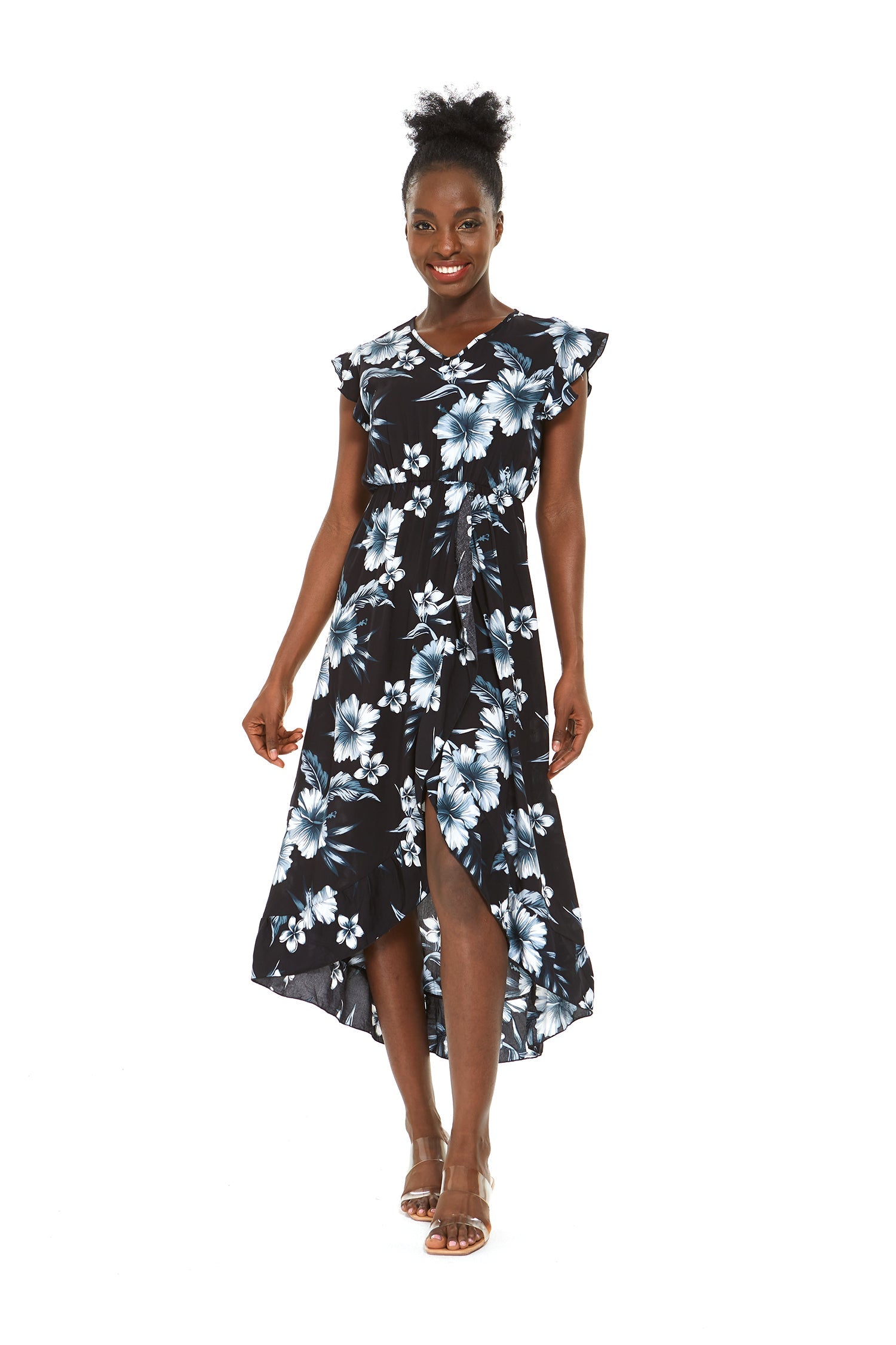 Women's Wrap Ruffle Dress in Midnight Bloom Black