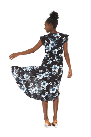 Women's Wrap Ruffle Dress in Midnight Bloom Black