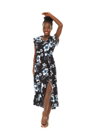Women's Wrap Ruffle Dress in Midnight Bloom Black
