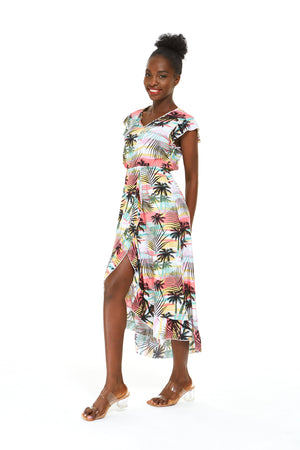 Women's Wrap Ruffle Dress in Neon Sunset Pastel
