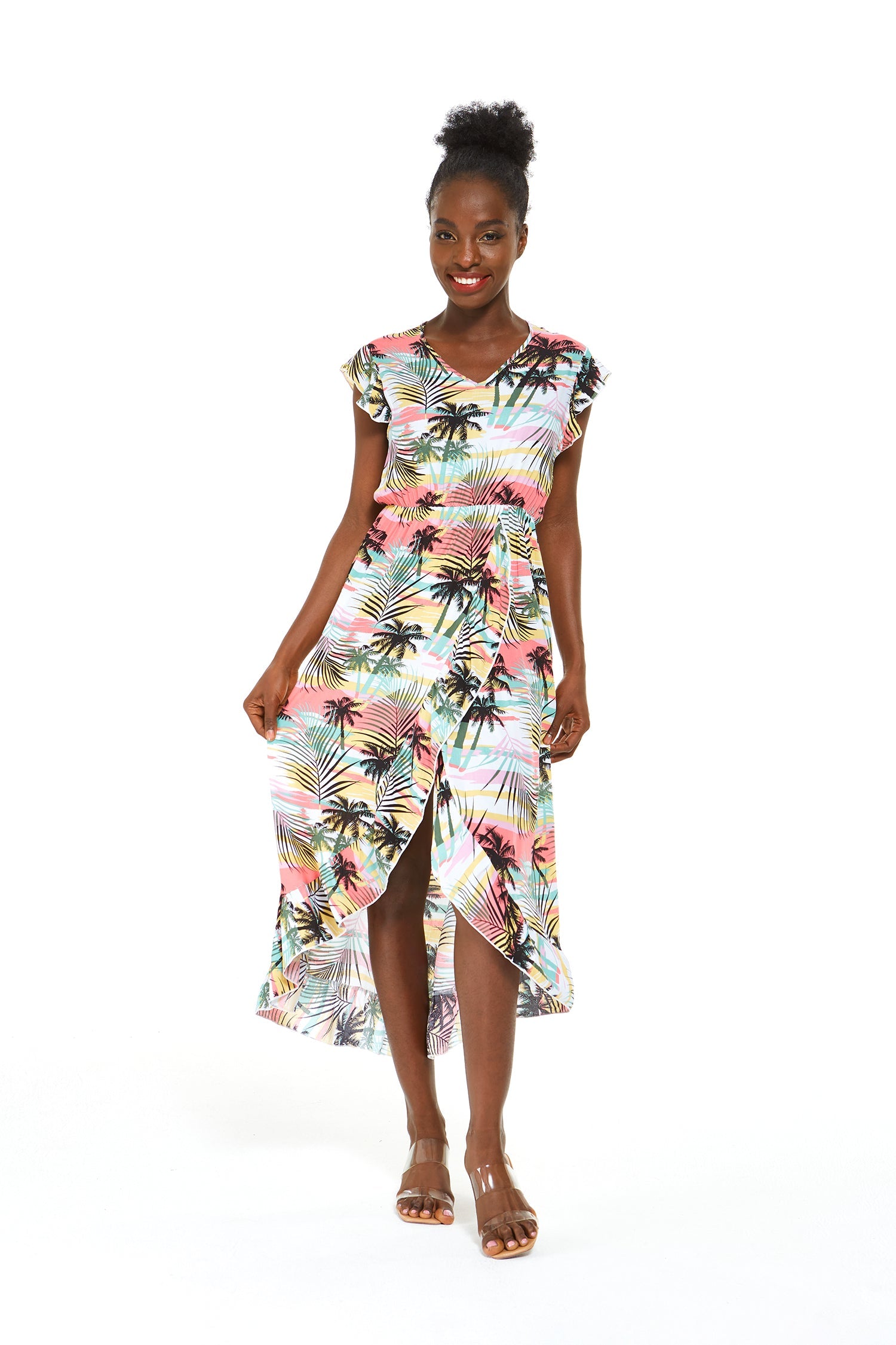 Women's Wrap Ruffle Dress in Neon Sunset Pastel