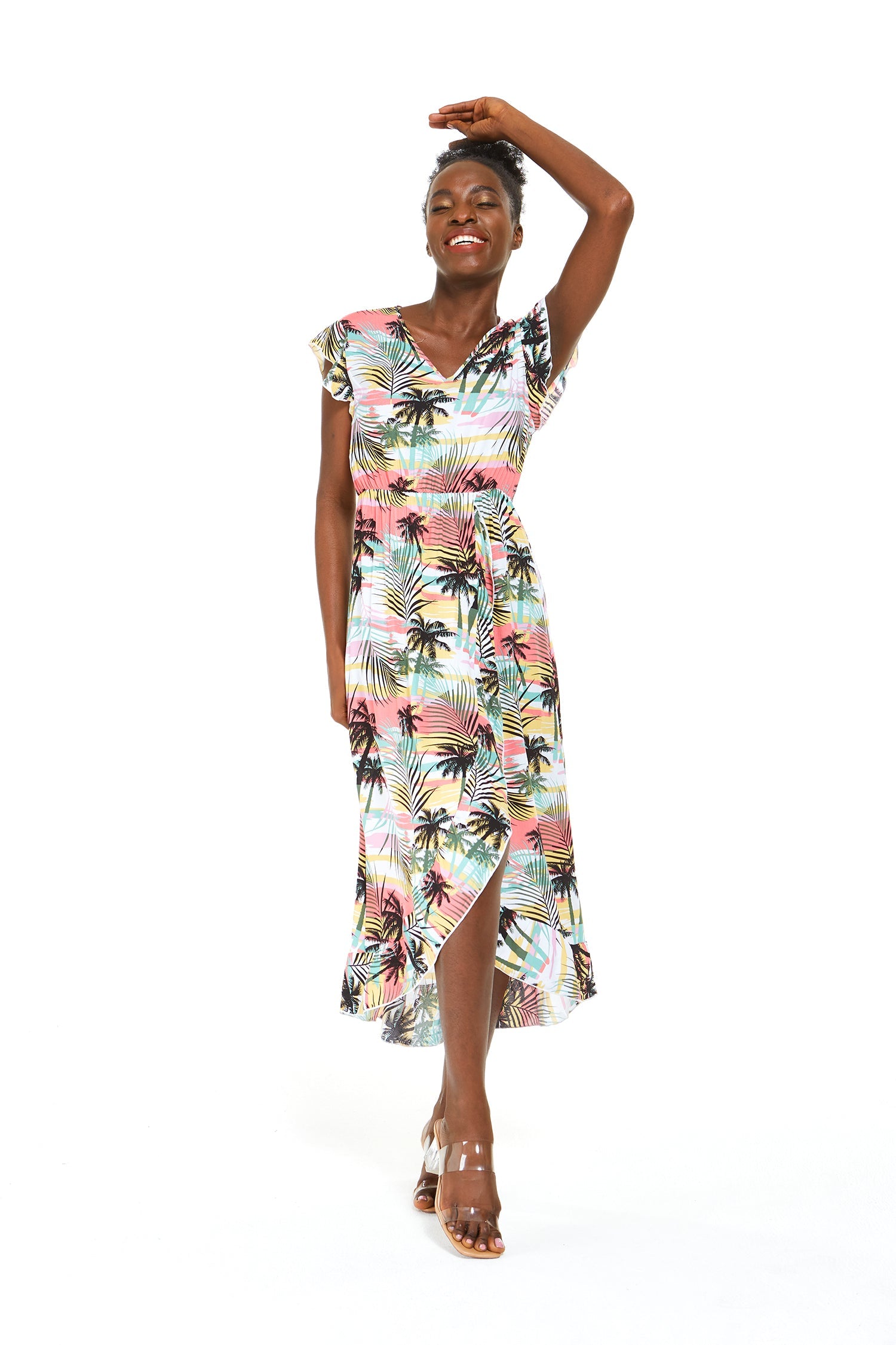 Women's Wrap Ruffle Dress in Neon Sunset Pastel