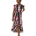 Women's Wrap Ruffle Dress in Pink Hibiscus Vine Black