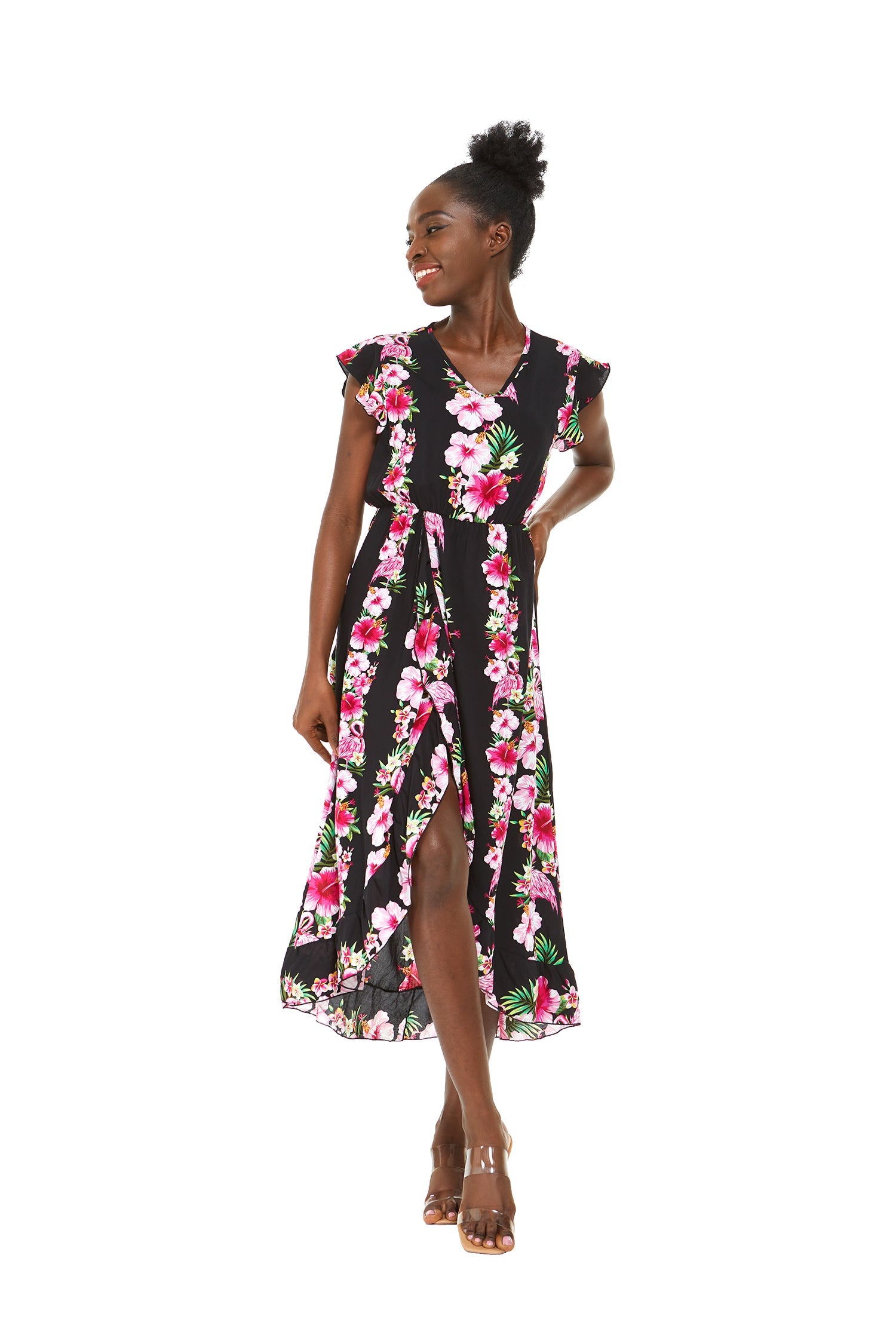 Women's Wrap Ruffle Dress in Pink Hibiscus Vine Black