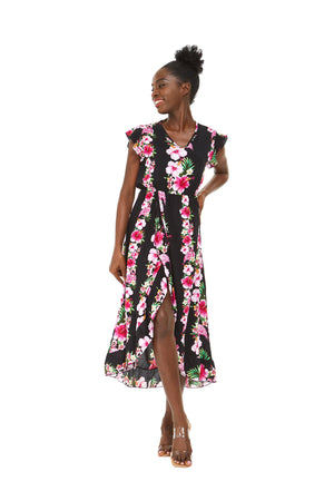 Women's Wrap Ruffle Dress in Pink Hibiscus Vine Black