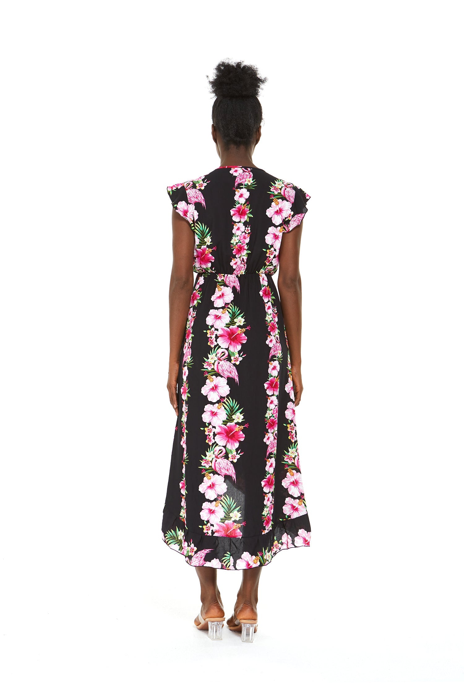 Women's Wrap Ruffle Dress in Pink Hibiscus Vine Black