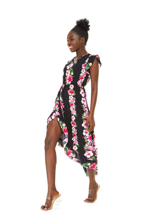 Women's Wrap Ruffle Dress in Pink Hibiscus Vine Black