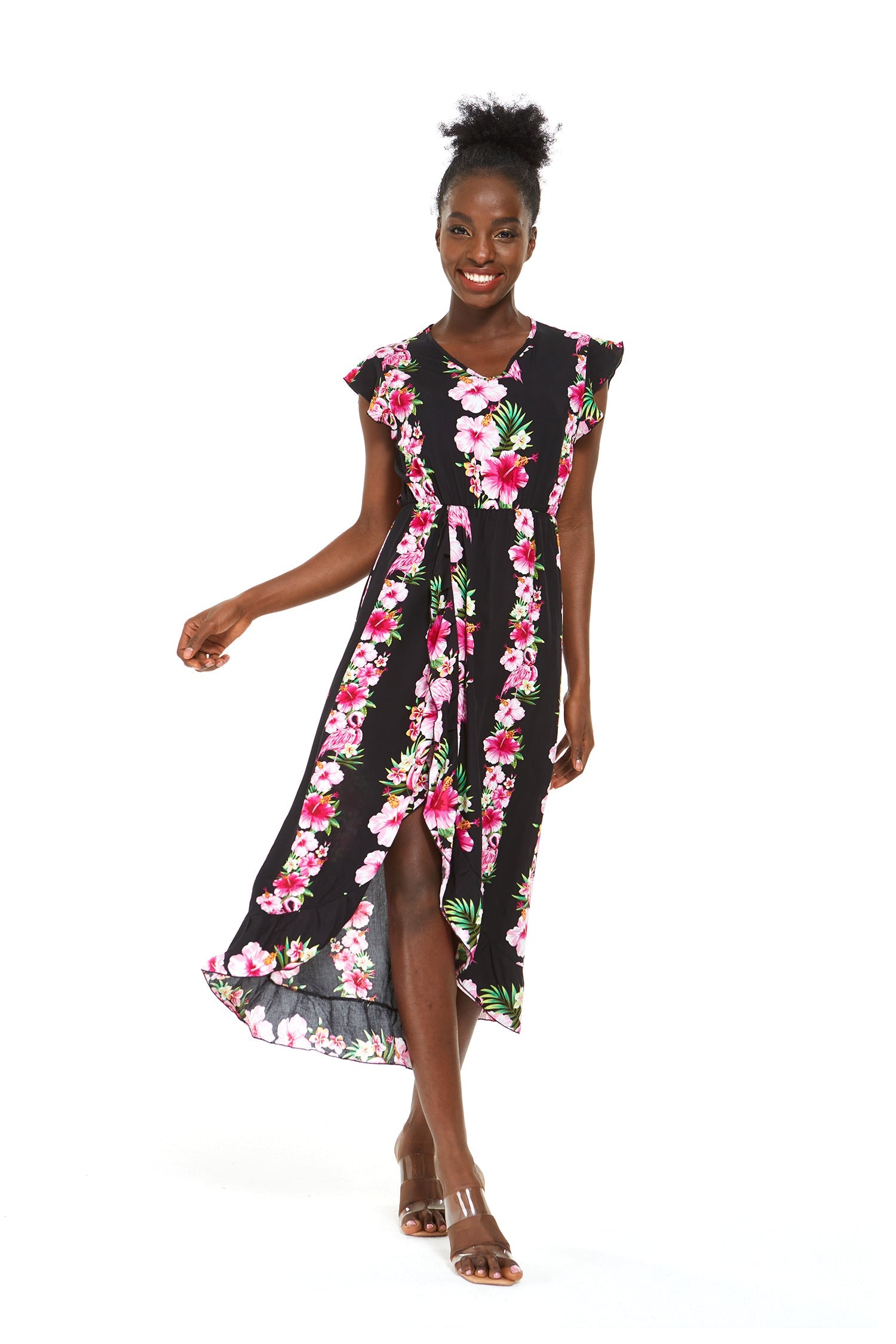 Women's Wrap Ruffle Dress in Pink Hibiscus Vine Black