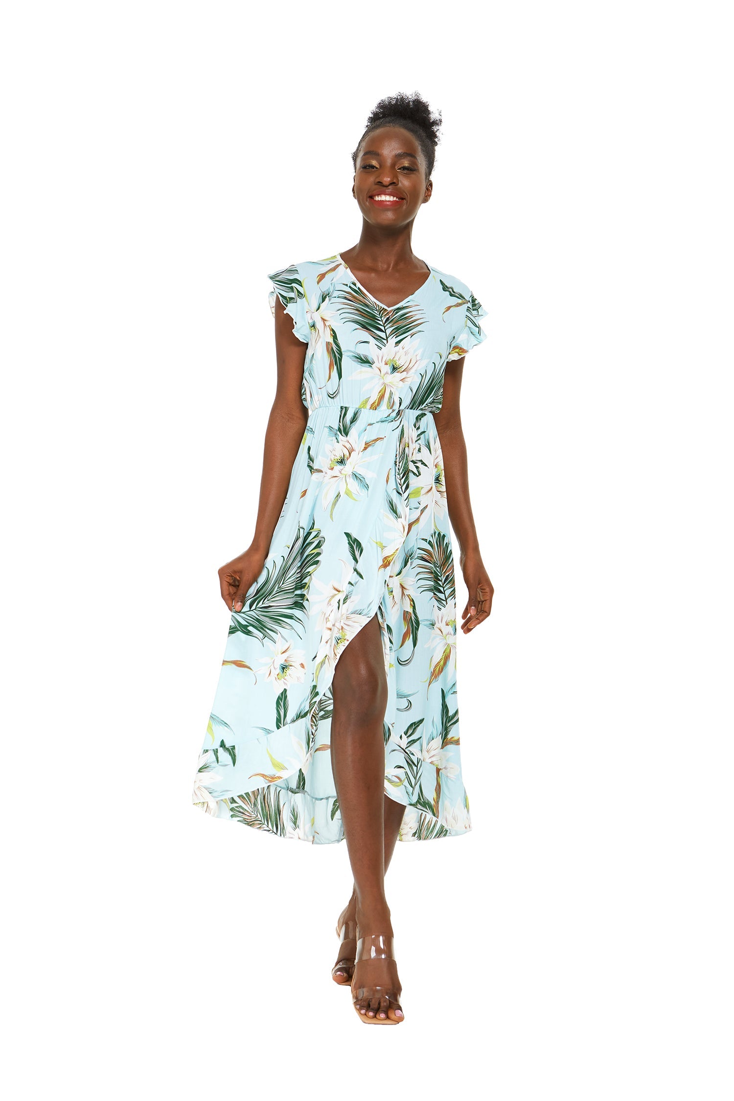 Women's Wrap Ruffle Dress in Wispy Cereus Blue