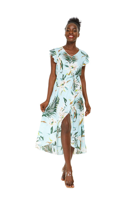 Women's Wrap Ruffle Dress in Wispy Cereus Blue