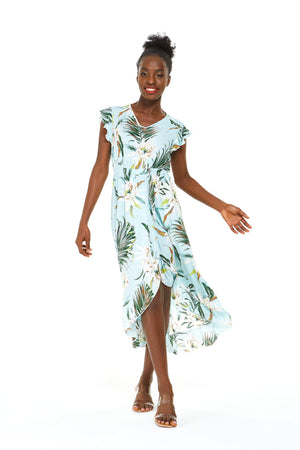 Women's Wrap Ruffle Dress in Wispy Cereus Blue