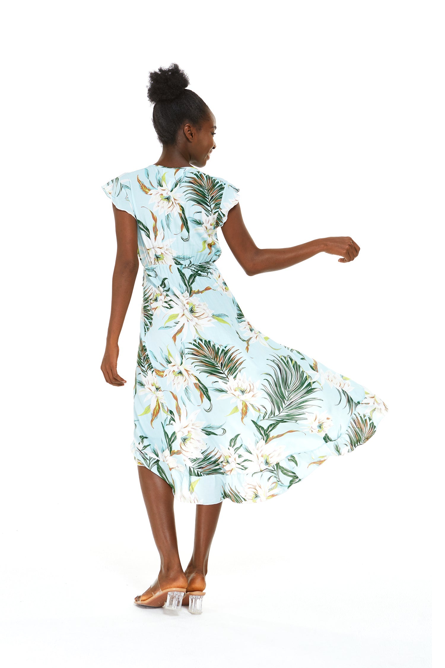 Women's Wrap Ruffle Dress in Wispy Cereus Blue