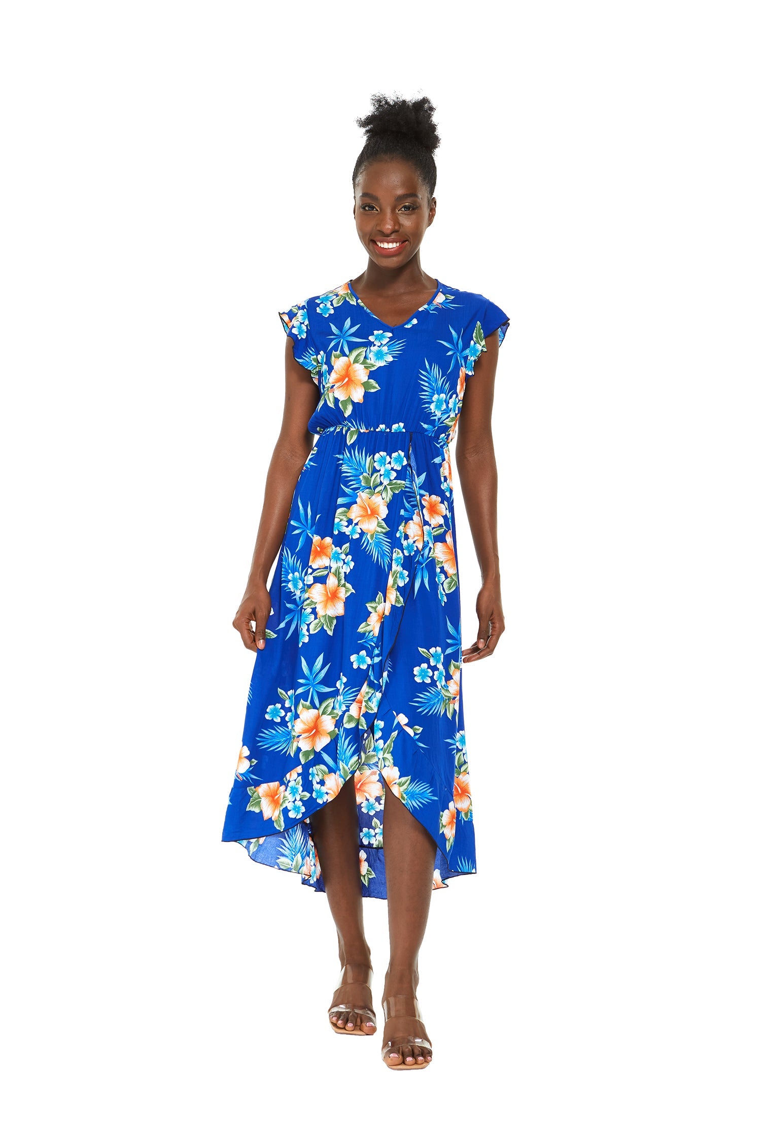 Women's Wrap Ruffle Dress in Hibiscus Blue
