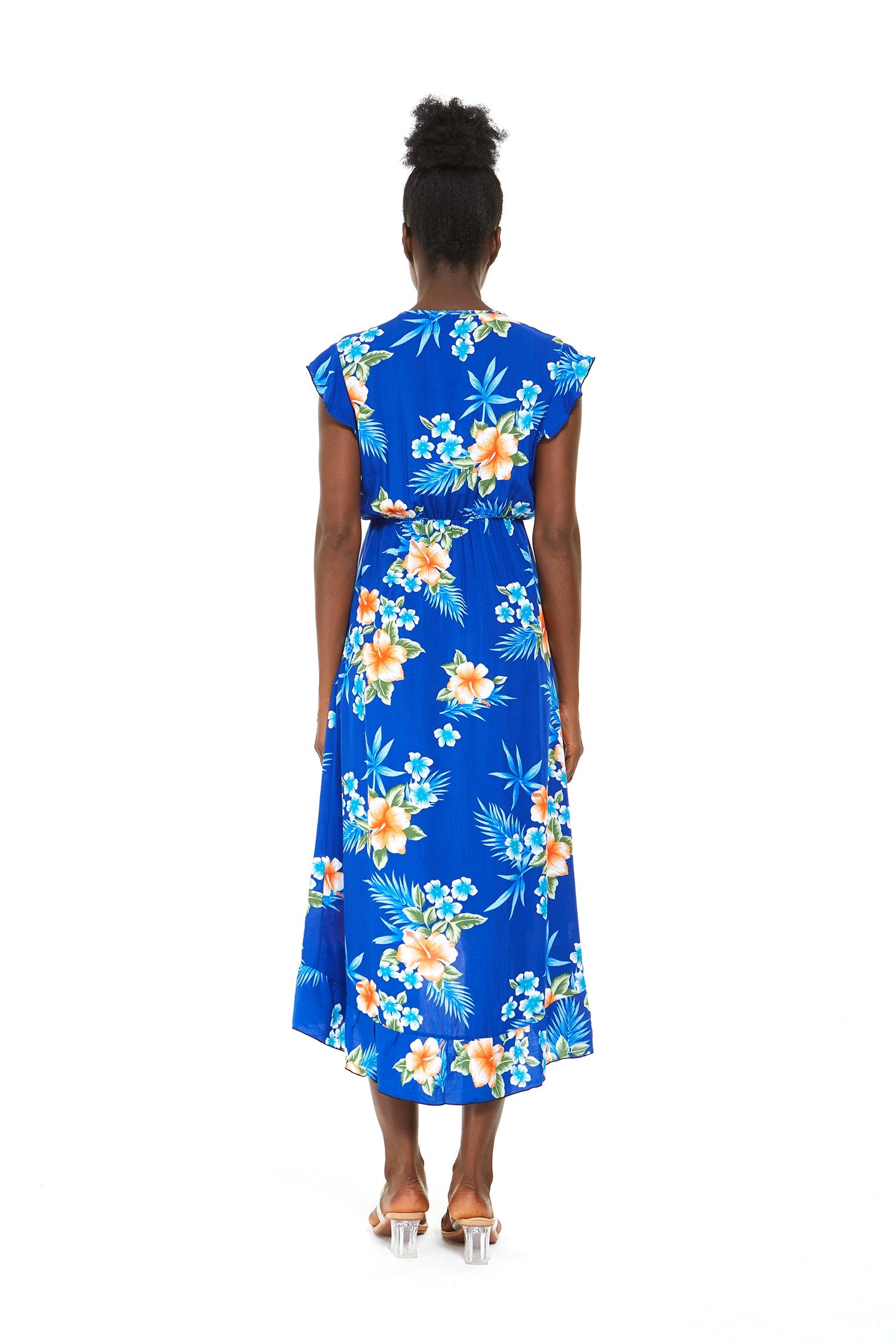 Women's Wrap Ruffle Dress in Hibiscus Blue