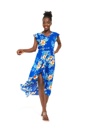 Women's Wrap Ruffle Dress in Hibiscus Blue