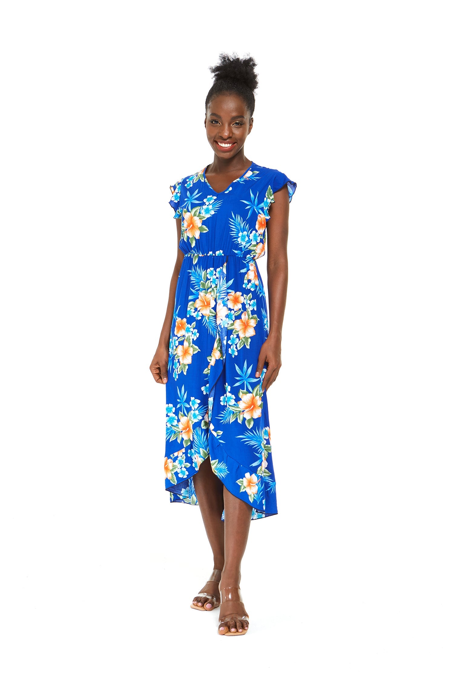 Women's Wrap Ruffle Dress in Hibiscus Blue