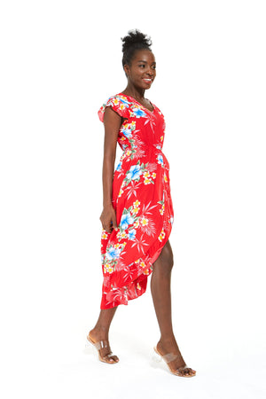 Women's Wrap Ruffle Dress in Hibiscus Red