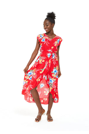 Women's Wrap Ruffle Dress in Hibiscus Red