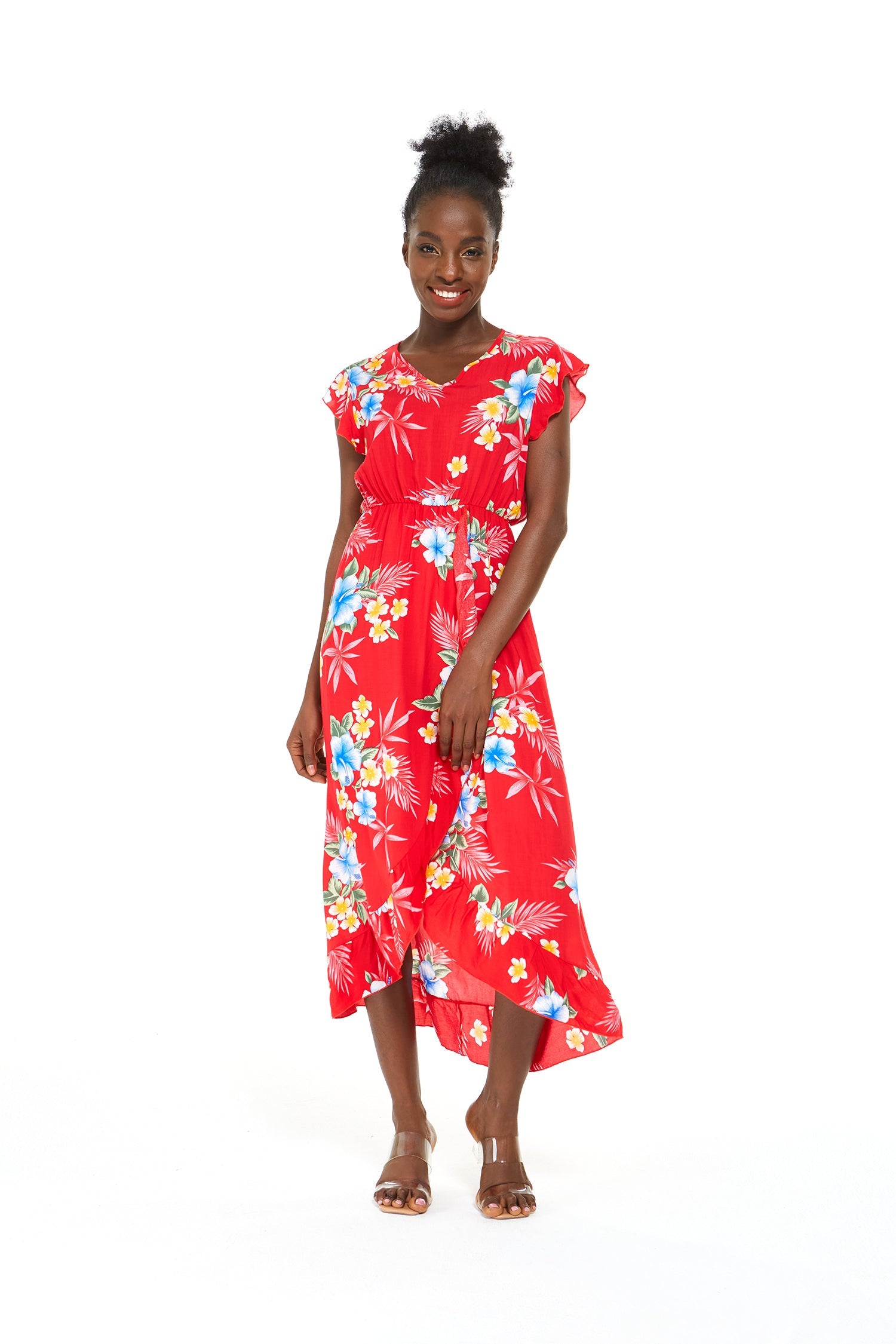 Women's Wrap Ruffle Dress in Hibiscus Red