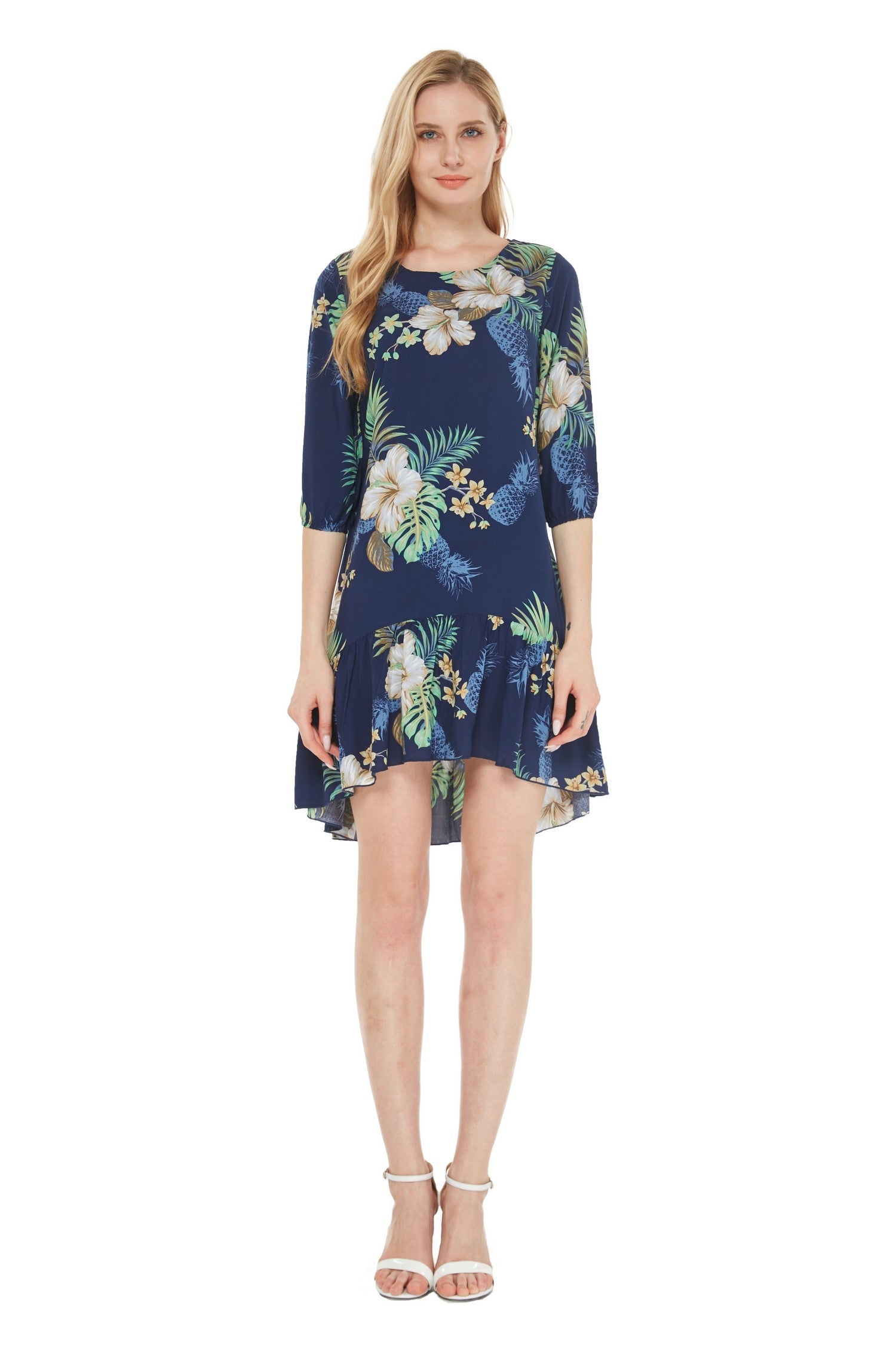 Women's 3/4 Sleeve Ruffle Dress in Pineapple Garden Navy