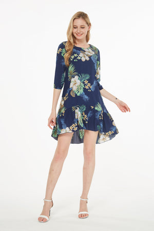 Women's 3/4 Sleeve Ruffle Dress in Pineapple Garden Navy