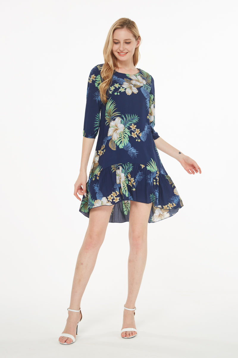 Women's 3/4 Sleeve Ruffle Dress in Pineapple Garden Navy