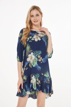 Women's 3/4 Sleeve Ruffle Dress in Pineapple Garden Navy