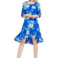 Women's 3/4 Sleeve Ruffle Dress in Hibiscus Blue