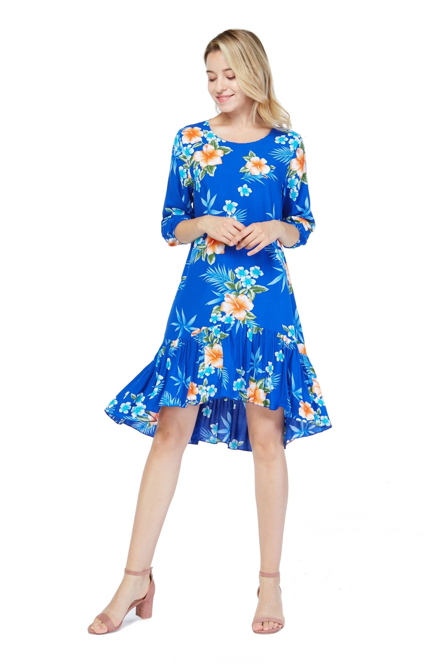 Women's 3/4 Sleeve Ruffle Dress in Hibiscus Blue