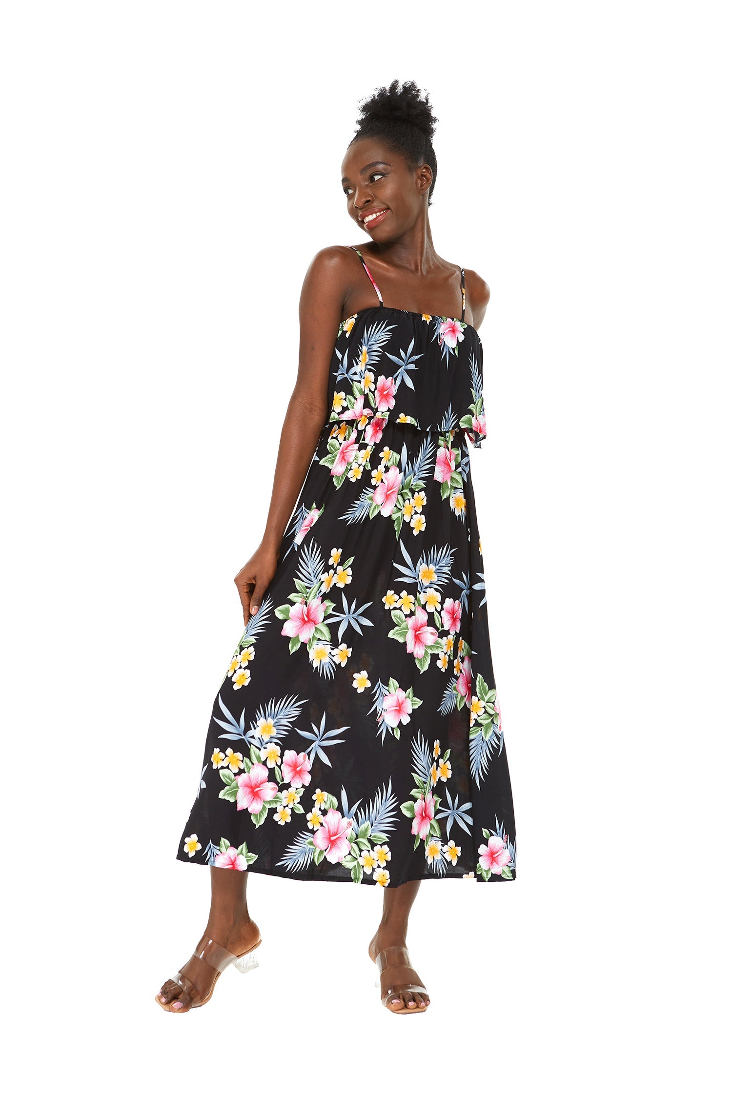 Women's Charming Muumuu Dress in Hibiscus Black
