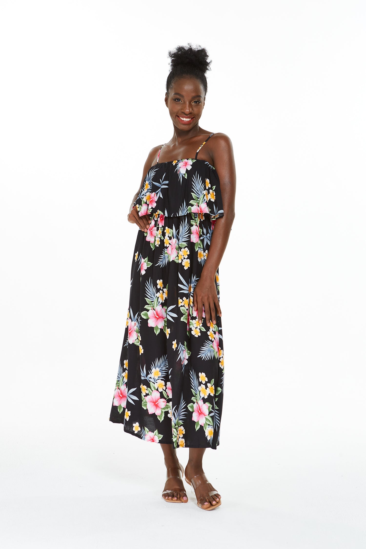 Women's Charming Muumuu Dress in Hibiscus Black