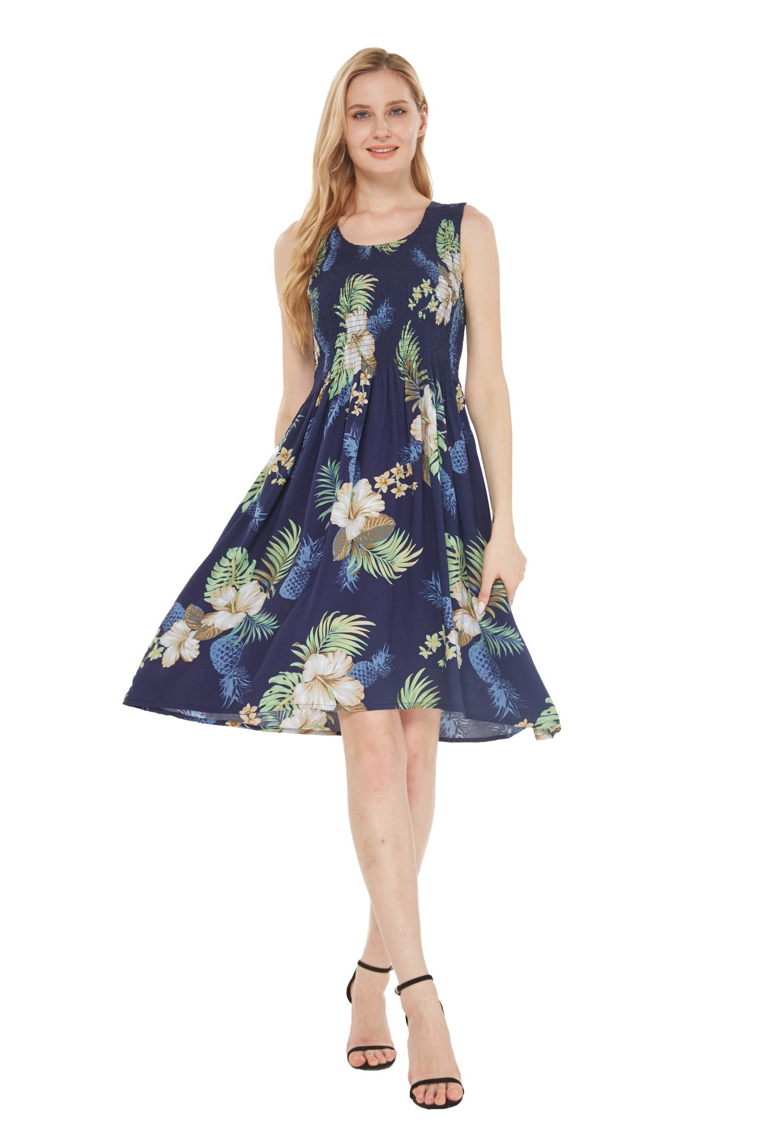 Women's Elastic Tank Dress Pineapple Garden Navy