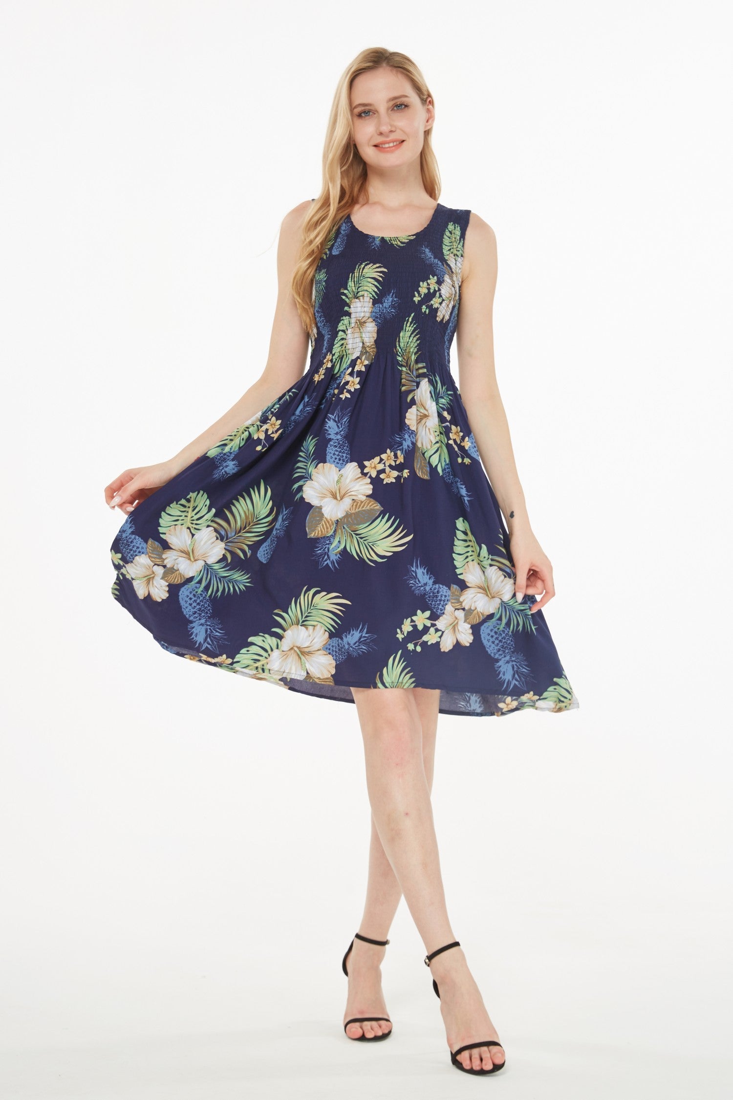 Women's Elastic Tank Dress Pineapple Garden Navy