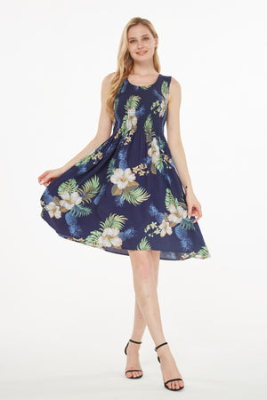 Women's Elastic Tank Dress Pineapple Garden Navy