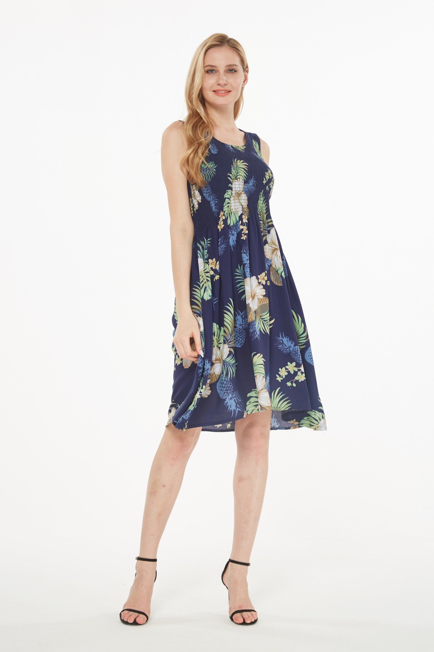 Women's Elastic Tank Dress Pineapple Garden Navy