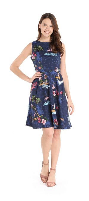 Women's Vintage Fit and Flare Dress in Christmas Santa Navy