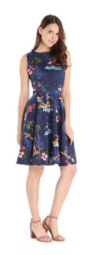 Women's Vintage Fit and Flare Dress in Christmas Santa Navy