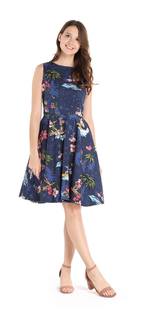 Women's Vintage Fit and Flare Dress in Christmas Santa Navy