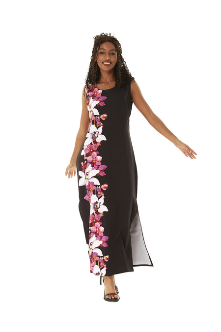 Women's Maxi Tank Dress in Watercolor Orchid in Black with Pink