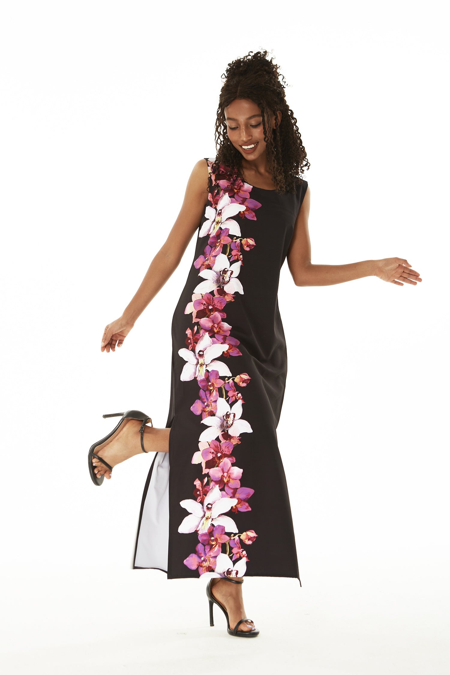Women's Maxi Tank Dress in Watercolor Orchid in Black with Pink
