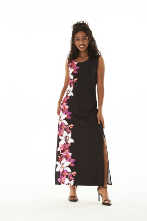 Women's Maxi Tank Dress in Watercolor Orchid in Black with Pink