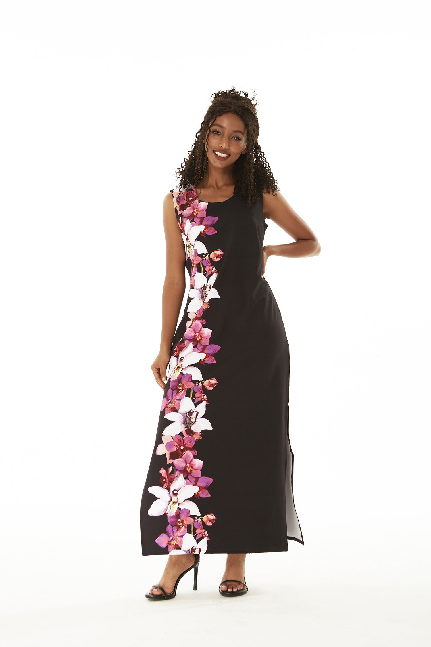 Women's Maxi Tank Dress in Watercolor Orchid in Black with Pink