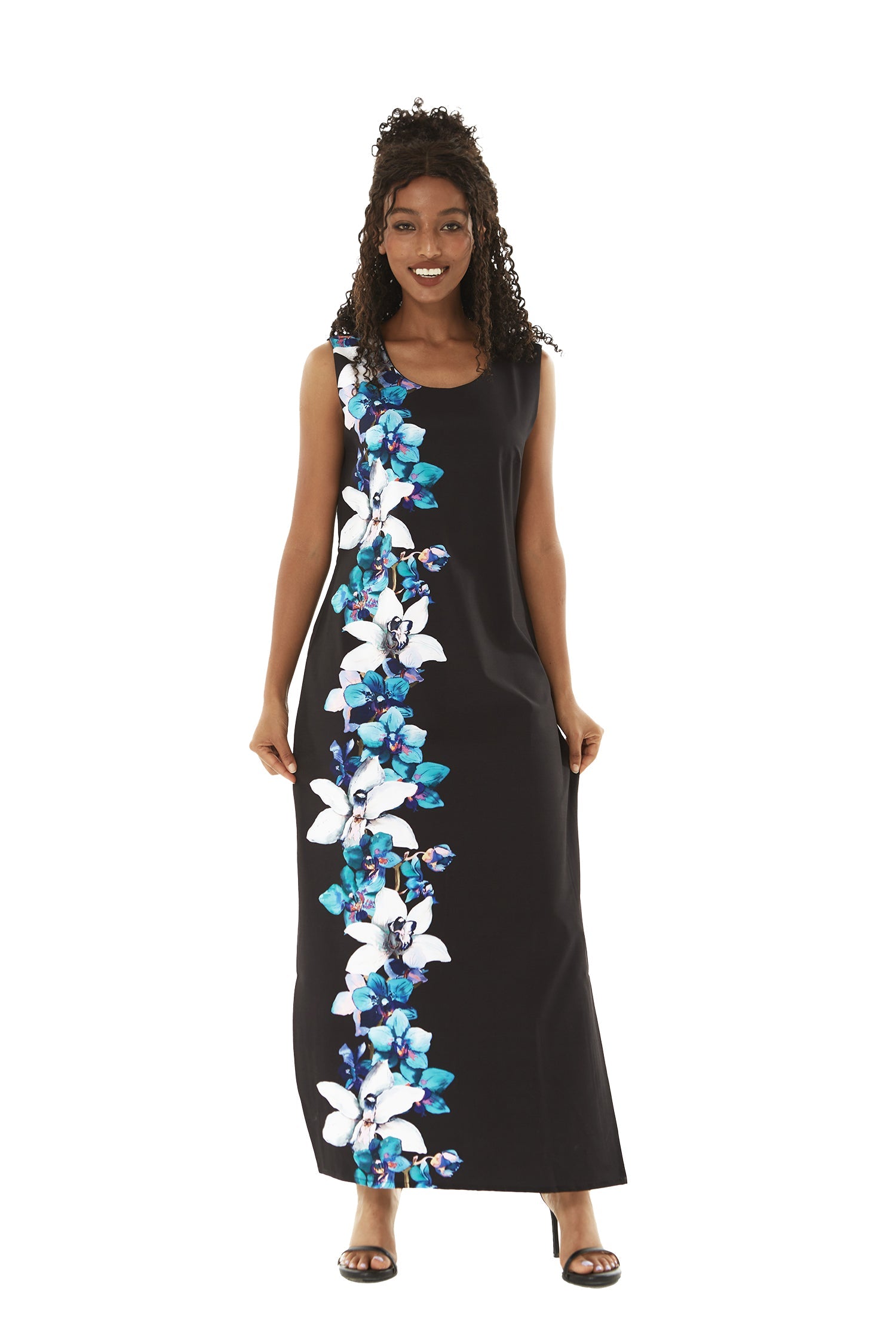 Women's Maxi Tank Dress in Watercolor Orchid in Black with Turquoise