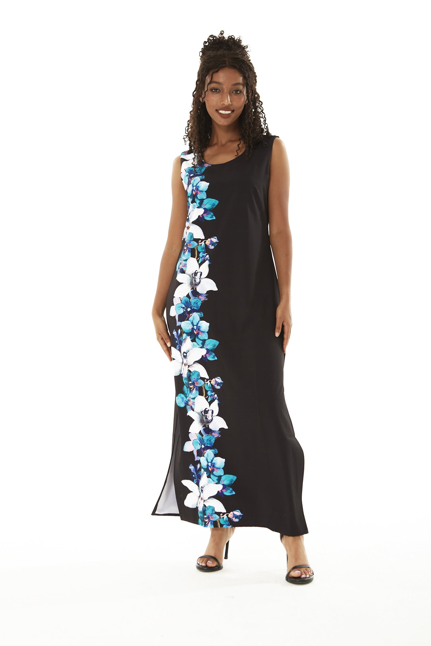 Women's Maxi Tank Dress in Watercolor Orchid in Black with Turquoise