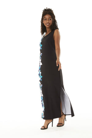 Women's Maxi Tank Dress in Watercolor Orchid in Black with Turquoise