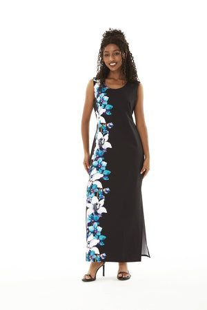 Women's Maxi Tank Dress in Watercolor Orchid in Black with Turquoise