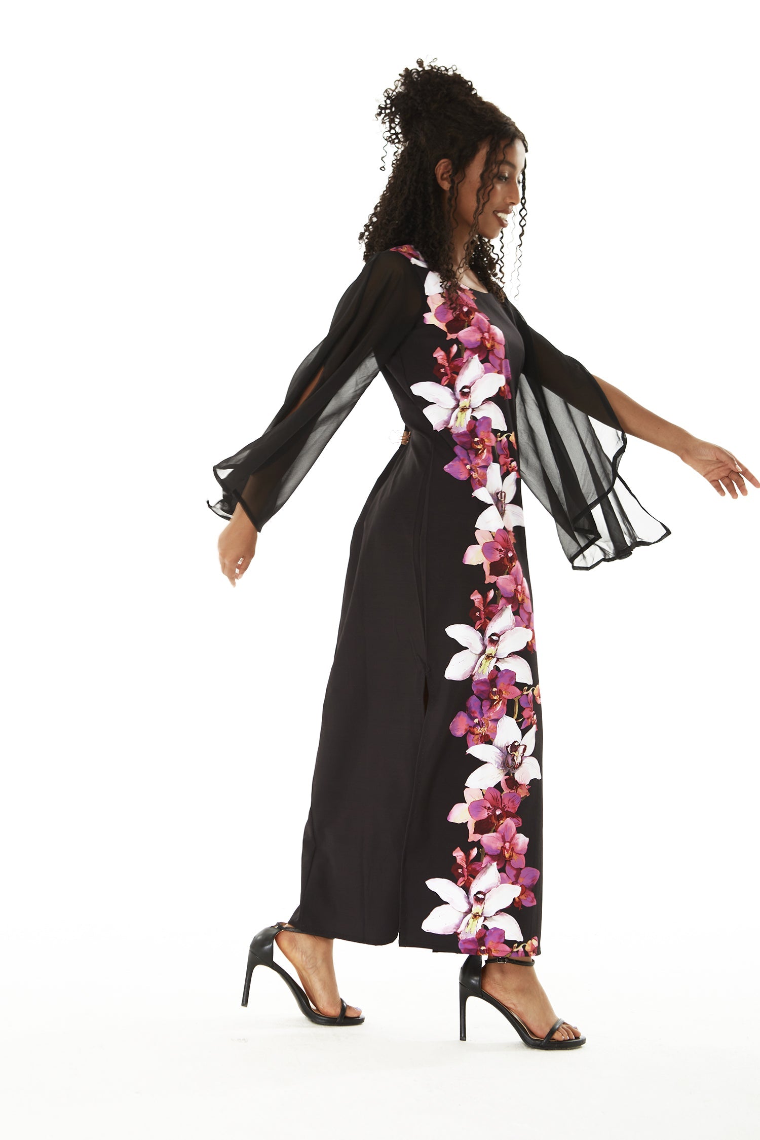 Women's Maxi Tank Dress with Sleeves in Watercolor Orchid in Black with Pink