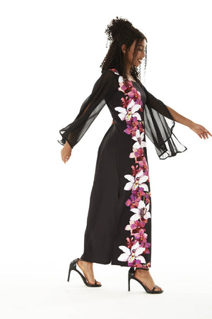 Women's Maxi Tank Dress with Sleeves in Watercolor Orchid in Black with Pink