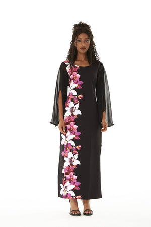 Women's Maxi Tank Dress with Sleeves in Watercolor Orchid in Black with Pink